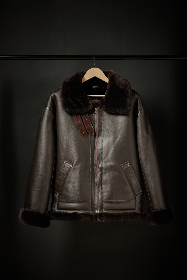 Rose Anvil X GORAL Shearling Aviator Jacket Horween Chromexcel Dark Brown