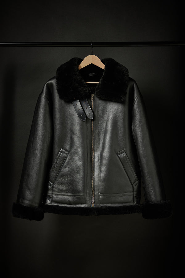 Rose Anvil X GORAL Shearling Aviator Jacket Horween Chromexcel Black